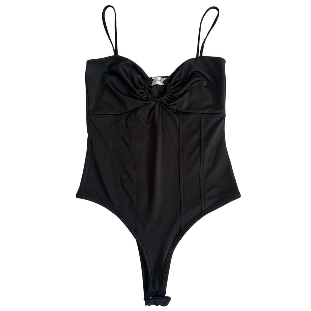 Black Satin Ruched Bodysuit Womens Spaghetti Strap Going Out Top Fitted
